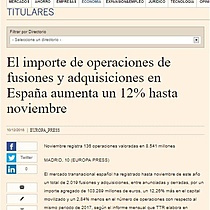 El importe de operaciones de fusiones y adquisiciones en Espaa aumenta un 12% hasta noviembre